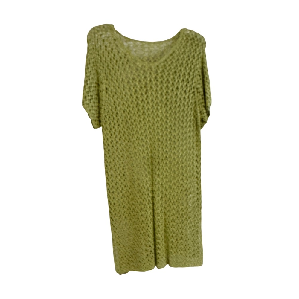 Vintage Crochet Knit Tunic Dress Chartreuse Green Open Weave Boho Cover Up